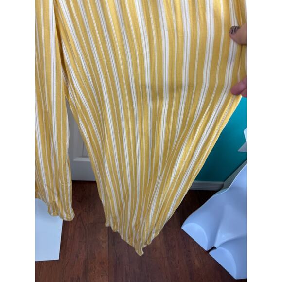 Forever 21 Medium Yellow Cream Stripe Tie Front Ruffle Sleeve Wide Leg Jumpsuit - Picture 8 of 9
